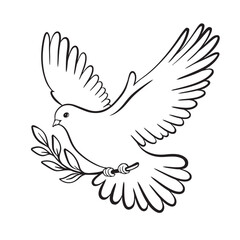 Obraz premium Pigeon Dove olive peace. Flying dove of peace pigeon doodle outline logo drawing. Dove for greeting card, banner, flyer.