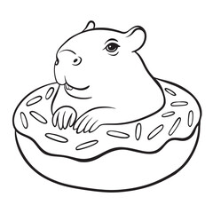 Cute capybara in cups on dots background. Cartoon vector animal character capibara sitting in donuts and mug