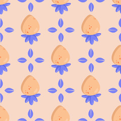 Seamless peach strawberry pattern with soft pastel colors, delicate leaves, and a minimalist design. Perfect for textiles, packaging, wallpapers, and branding