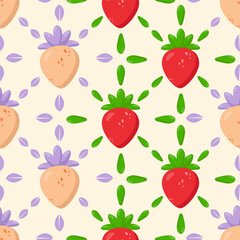Seamless strawberry pattern with vibrant red and peach strawberries, green leaves, and soft purple details. Ideal for textiles, wallpapers, packaging, and branding