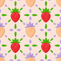 Seamless strawberry pattern with red and peach strawberries, green leaves, and purple accents on a soft background. Perfect for packaging, textiles, wallpapers, and branding