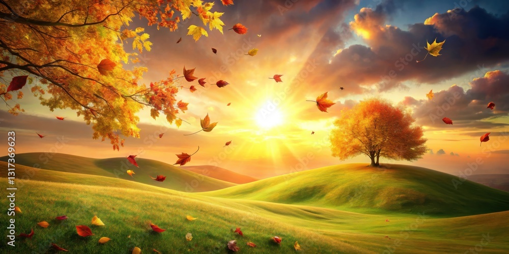 Poster autumnal serenity a lone tree stands tall on a rolling hillside, bathed in the golden glow of the se