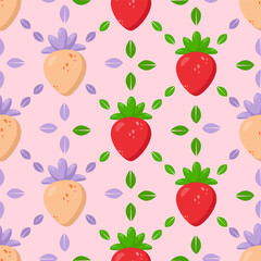 Elegant seamless strawberry pattern with red and pastel berries on a soft pink background. Fresh leaves and delicate details create a trendy botanical design. Perfect for textiles, packaging