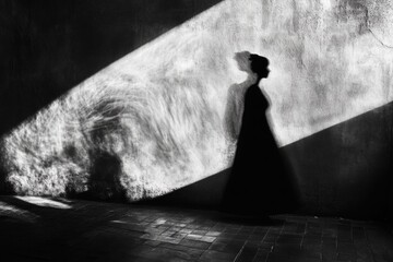 A woman stands in front of a wall wearing a long black dress, suitable for dramatic scenes or mysterious settings