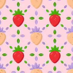 Seamless strawberry pattern with red and pastel berries on a soft pink background. Delicate botanical design featuring fresh leaves and elegant symmetry. Ideal for textiles, packaging, wallpaper