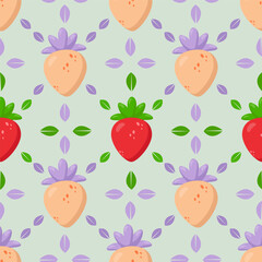Seamless strawberry pattern with red and pastel berries on a soft green background. Elegant botanical design featuring fresh leaves and delicate symmetry. Perfect for textiles, packaging
