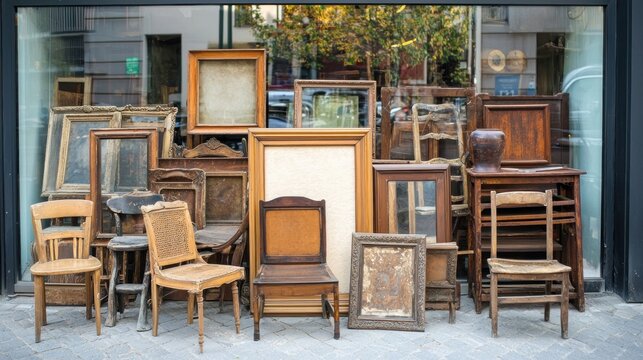 Collection of mismatched frames and chairs displayed outdoors