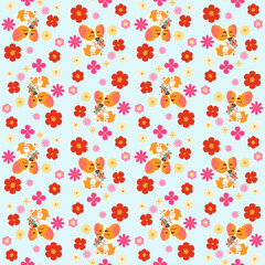 Playful seamless pattern featuring corgis and vibrant floral elements on a light background. Perfect for fabric, wallpaper, gift wrap, and decorative designs. Ideal for pet lovers and cheerful project