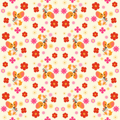 Seamless floral pattern with adorable corgis and vibrant flowers. A charming and elegant design for fabrics, wallpapers, packaging, and stationery. Perfect for pet lovers and nature-inspired projects