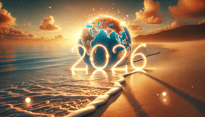 Stunning 3D illustration of glowing 2026 numbers on a beach at sunset with a radiant Earth in the background. New Year, future, celebration, global events, and holidayю