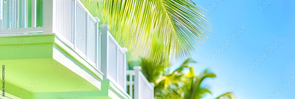 Poster a white building with a balcony and palm trees in the background