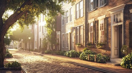 Obraz premium Sunlit cobblestone street with historic brick houses and lush greenery.