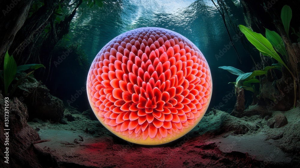 Poster red and pink spherical flower like object rests on a forest floor, surrounded by lush green vegetati