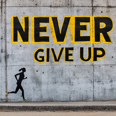 
Inspirational message painted on a textured wall. The words "Never Give Up" are prominently displayed. A running figure symbolizes perseverance and motivation.