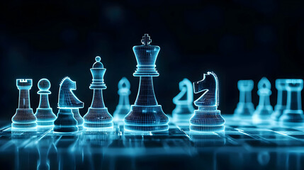 Glowing Blue Digital Chess Pieces on a Dark Background