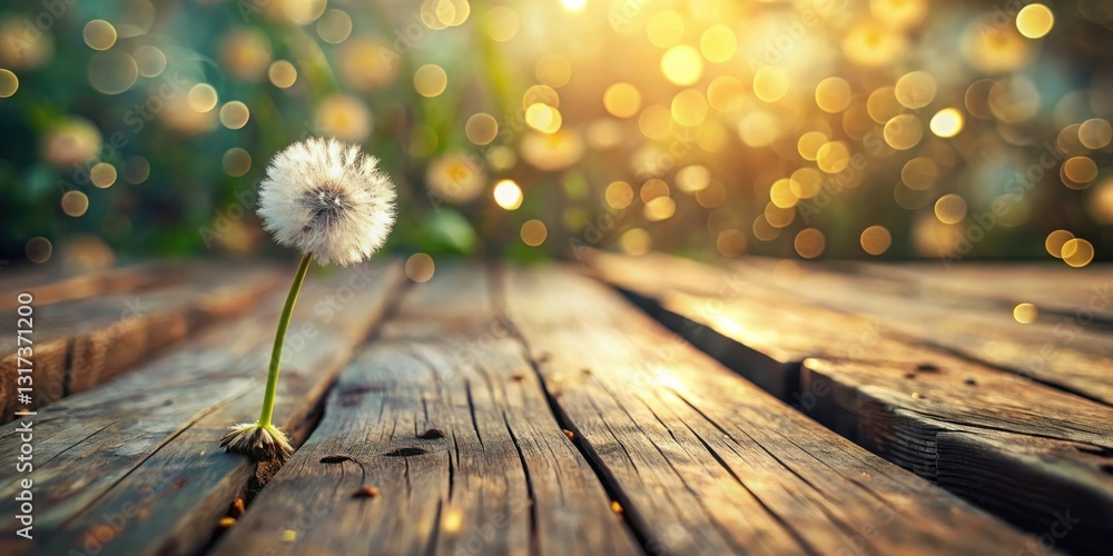 Aufkleber a solitary dandelion with a fluffy head rests on a weathered wooden surface, bathed in warm sunlight