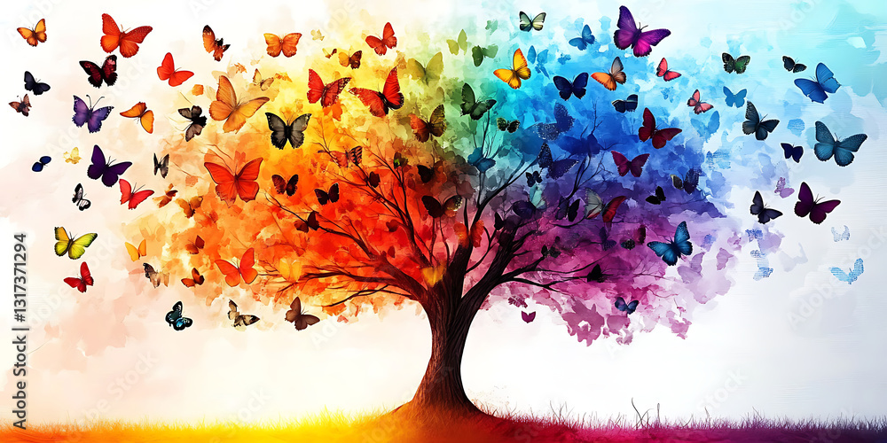 Poster tree with colorful butterflies colorful background generated by AI tool
