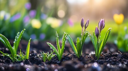 A serene garden with young plants emerging from the soil, surrounded by dewy leaves and early spring flowers blooming brightly in the background