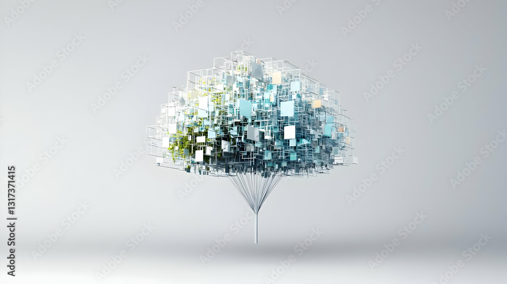 Poster abstract digital cloud formed by pixels and voxels on a white background representing data storage