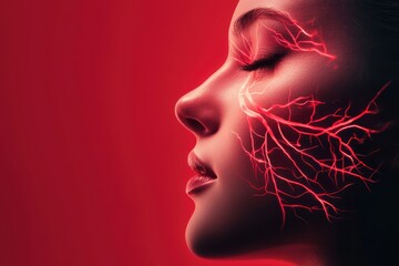 Surreal Digital Art of Glowing Neural Pathways on Female Face in Vibrant Red Background
