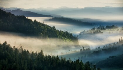 Obraz premium un día brumoso con montañas, bosques y efectos atmosféricos crea un ambiente sereno y un juego de elementos.