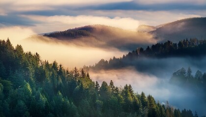 Fototapeta premium un día brumoso con montañas, bosques y efectos atmosféricos crea un ambiente sereno y un juego de elementos.