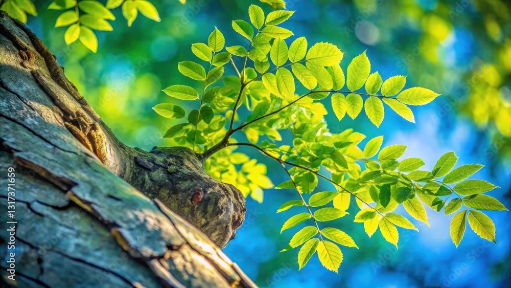 Poster a vibrant green branch of leaves grows from the textured bark of a tree, casting a dappled shadow on