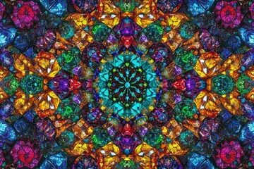 Colorful kaleidoscope of geometric shapes forming a symmetrical pattern