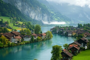 Fototapeta premium Picturesque village by lake and mountains in calm atmosphere. Neural network AI generated