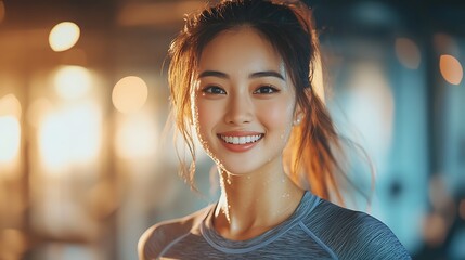 Obraz premium A fit Asian woman jogging on a treadmill, smiling with confidence, beads of sweat on her skin, warm gym lighting creating a vibrant and energetic atmosphere,