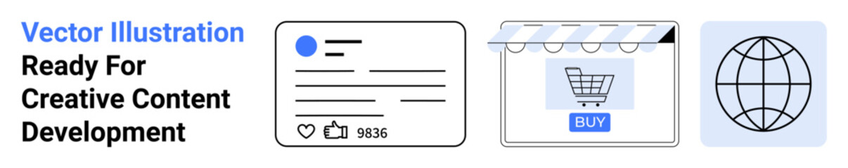 Social media engagement post, e-commerce storefront with shopping cart button, globe icon representing worldwide connectivity. Ideal for e-commerce, digital networking, marketing, social media