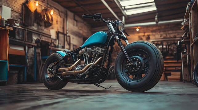 Custom Bobber Motorcycle in Vintage Garage - Powered by Adobe