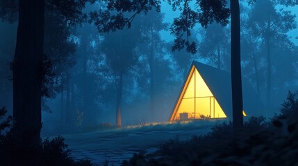 Modern A-frame cabin nestled in a mystical forest at twilight