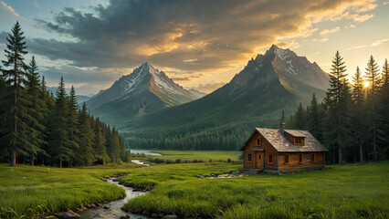 Obraz premium Serene Mountain Cabin at Sunset