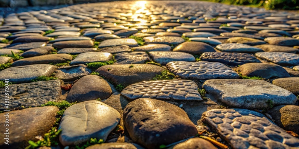 Poster A cobblestone path bathed in the golden glow of the setting sun, showcasing the intricate patterns and textures of each weathered stone.