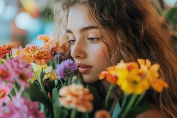 Fototapeta premium Woman Enjoying Colorful Flowers in Vibrant Display on a Sunny Day With Soft Natural Light