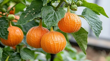 Obraz premium Close up view of three ripe, orange, round fruits hanging from a green leafy plant. The fruits have a slightly textured surface, and the leaves appear fresh and vibrant.