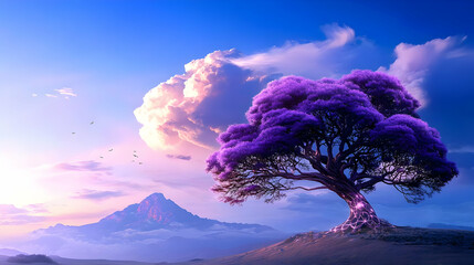 Pixel Art Purple Tree At Sunset With Mountain