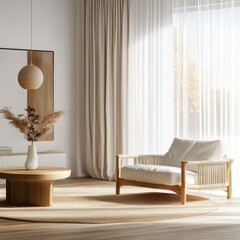 Serene Minimalist Living Room Design with Natural Light and Wooden Accents