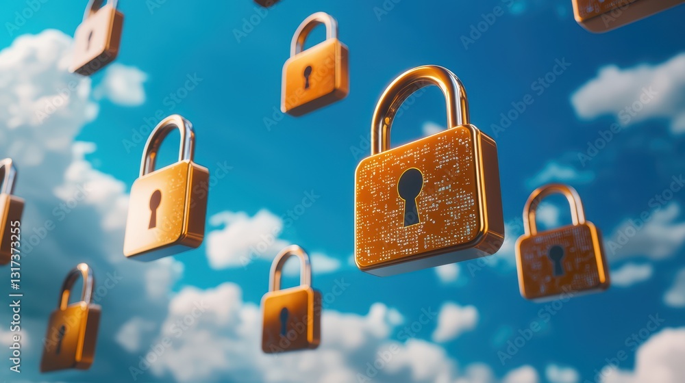 Poster surreal scene of floating locks representing data security and protection in a dreamlike sky