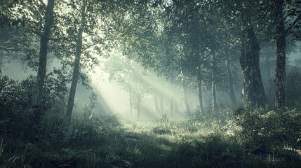Sunbeams pierce through a misty, green forest path.