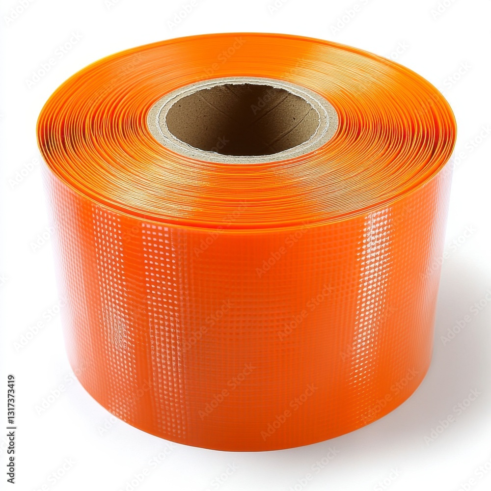 Poster roll of bright orange plastic mesh on a white background. the mesh is translucent and has a grid pat