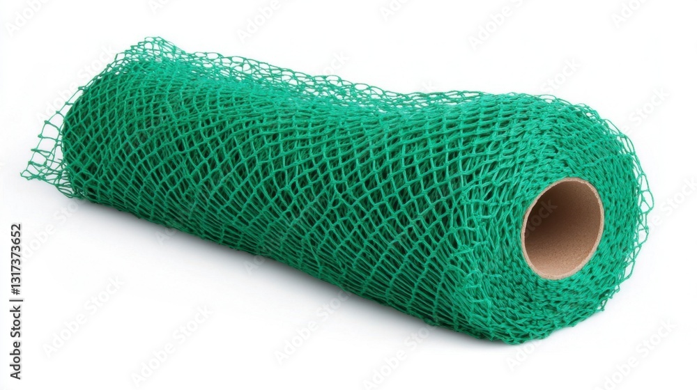 Poster roll of green netting isolated on white background. the netting is loosely rolled and shows texture.