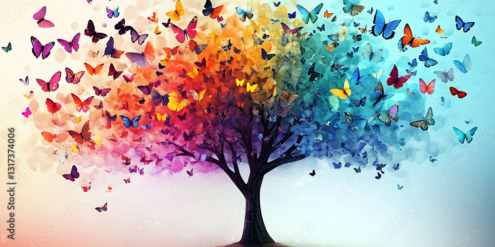 Poster tree with colorful butterflies colorful background generated by ai tool