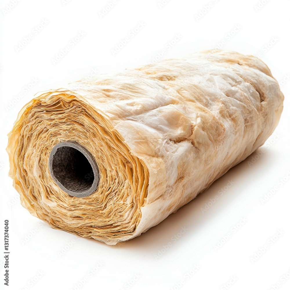 Poster Close up view of a rolled up beige insulation material with a dark gray center core, isolated on a white background. The texture is slightly rough and shows variations in tone.