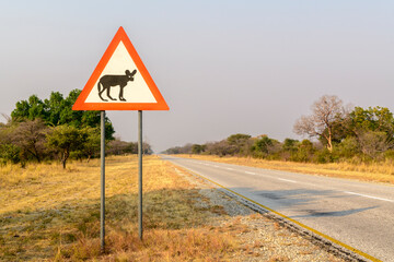Traffic Sign Beware of African Wild Dogs, Namibia