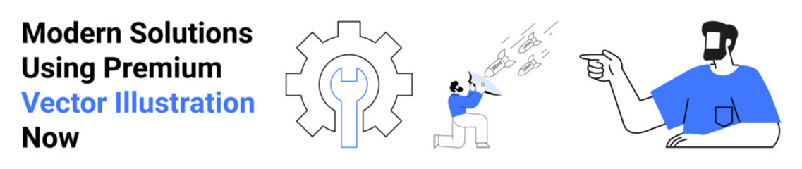 Human figure pointing, gear icon with a wrench inside, and seated figure using devices. Ideal for teamwork, innovation, process, strategy, communication, digital flat landing page banner
