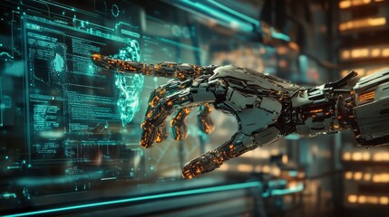 An ultra-detailed AI assistant with human-like features, a mechanical spine, and glowing circuits on its hands, interacting with a holographic interface in a futuristic setting