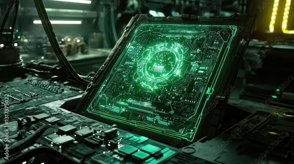 Poster futuristic green glowing tech interface on a circuit board in a workshop.