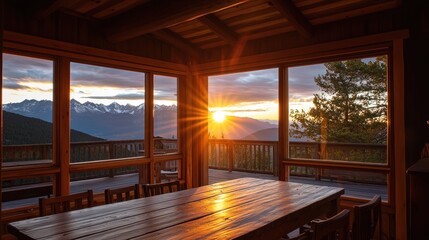 Interior view with warm sunset over mountain peaks, through large windows